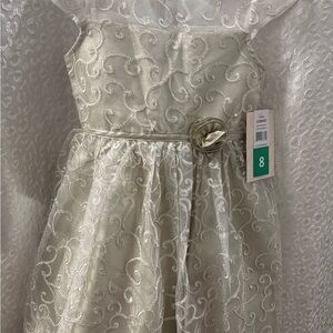 Jona Michelle Cream Kids Dress with Swirl Embroidery